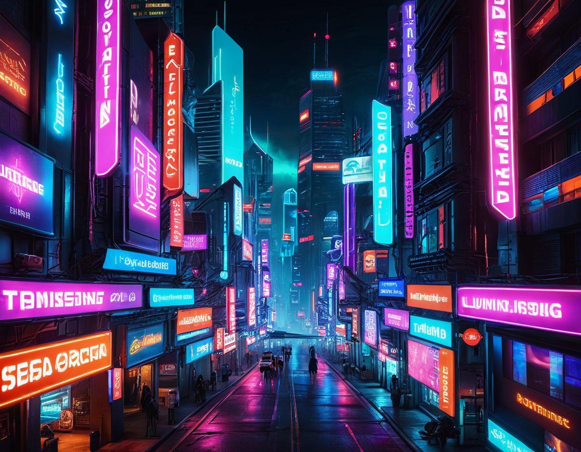 A vibrant collage illustrating the journey from domain registration to digital marketing. Imagine a futuristic cityscape like a digital web, with domains represented by glowing neon signs, gradually transitioning into advanced marketing tools like SEO, social media, and analytics dashboards. Each element interconnected by luminous pathways, symbolizing a strong online presence. cyberpunk style. vibrant colors.