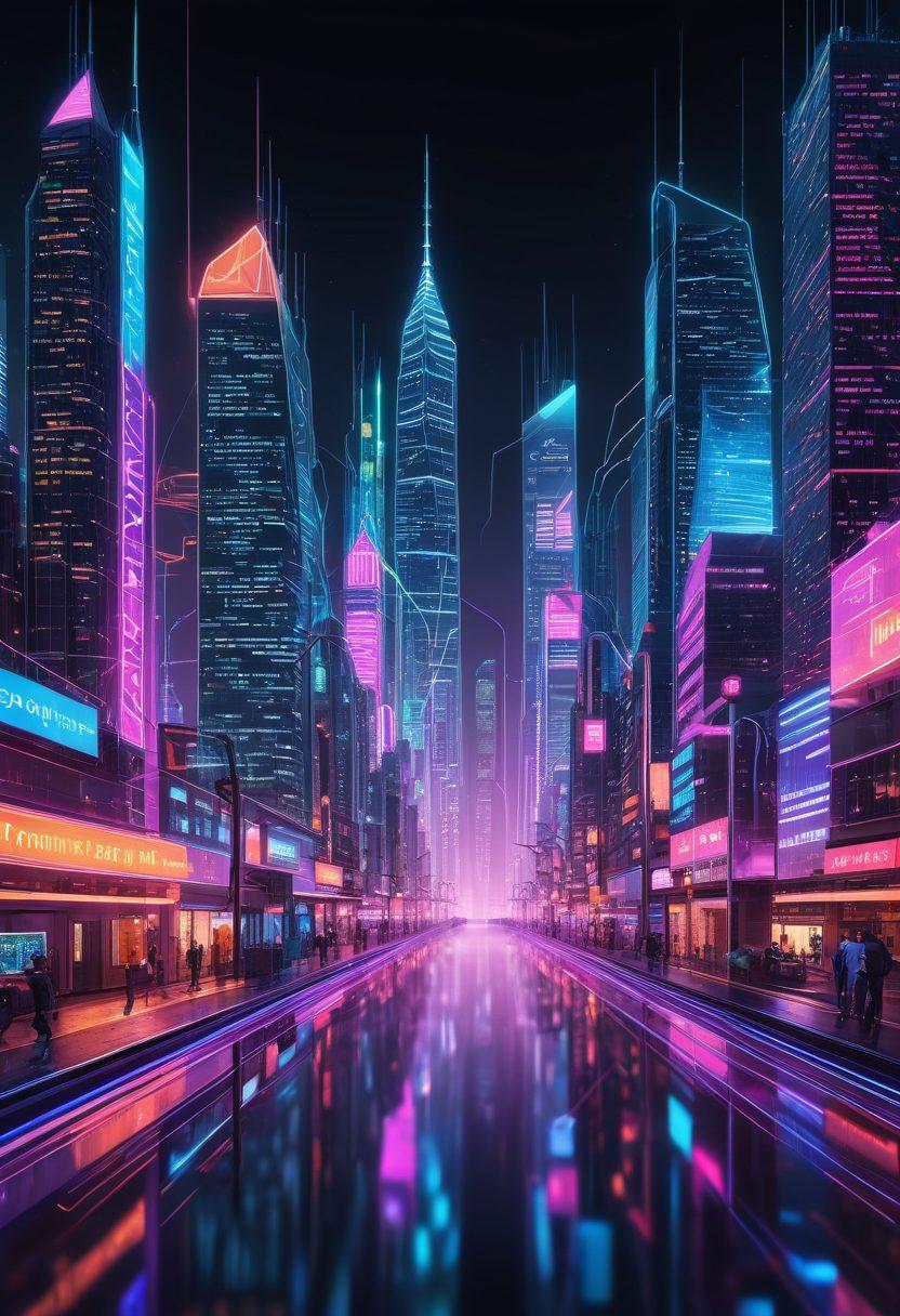 A vibrant, futuristic cityscape with towering skyscrapers made of HTML, CSS, and JavaScript codes, glowing neon signs symbolizing popular web technologies, and a central character mastering an intricate web of connections representing a robust online presence. super-realistic. vibrant colors. white background.